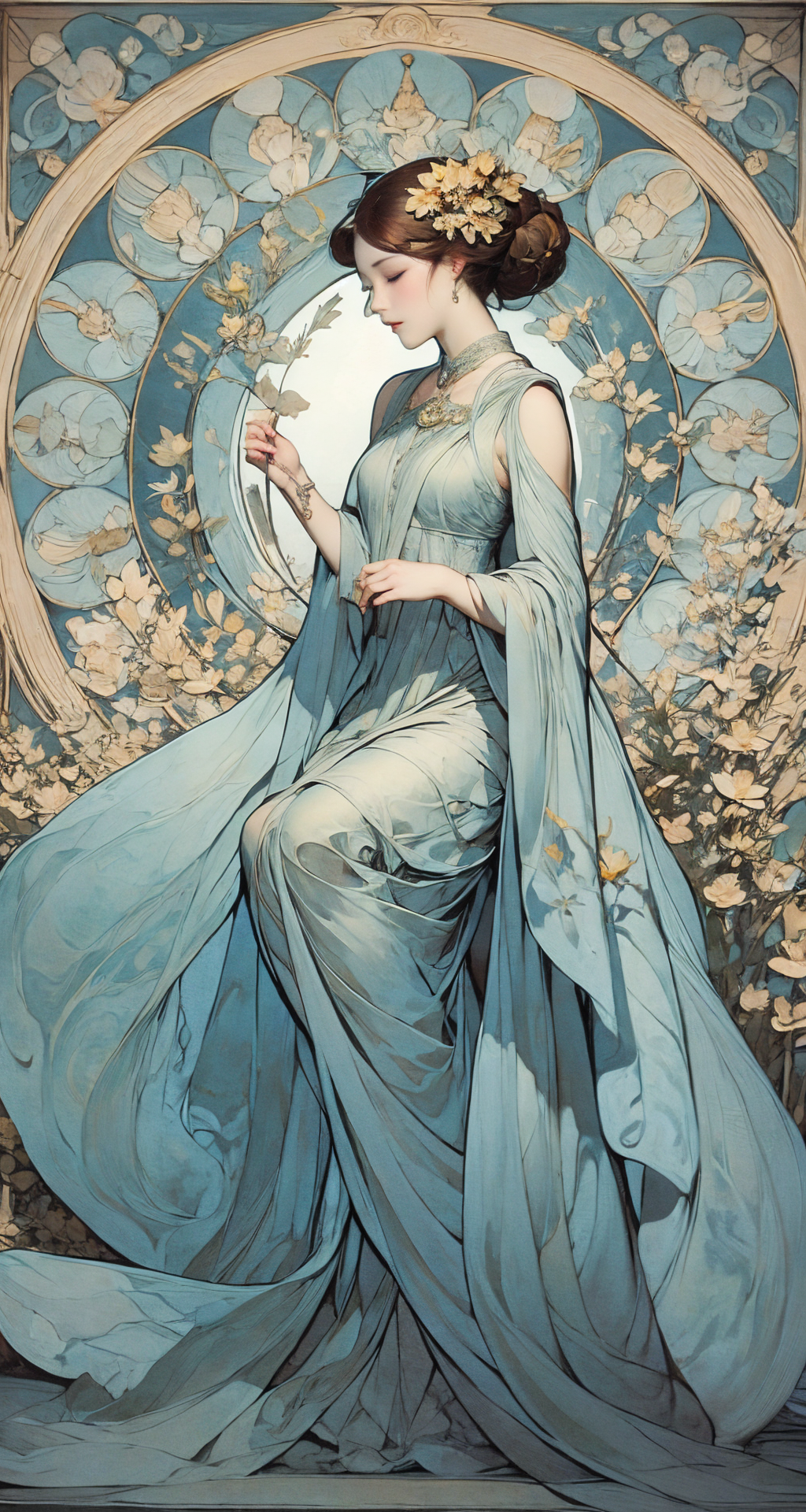 00441-2371783906-_lora_Mucha_0.6_,Mucha,1girl,Outstanding,high quality,_lora_塔罗牌tarot_2.0_0.4_,_lora_淡色盛宴2.0_v2.0_0.5_,.png
